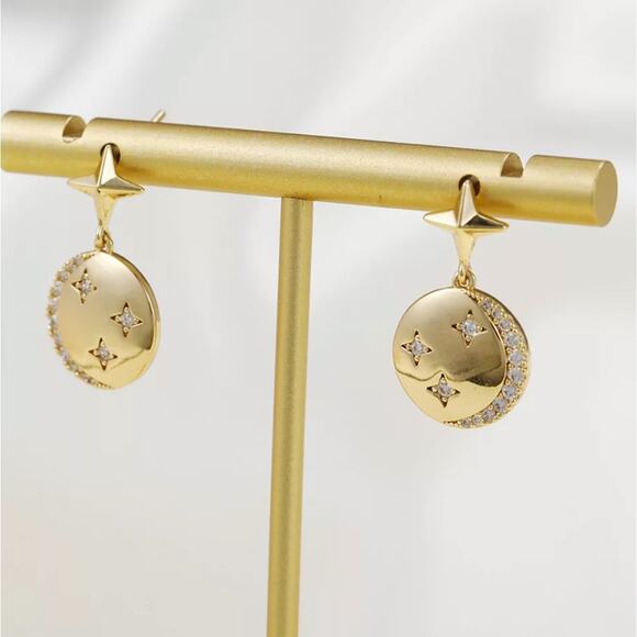 NEW 18K yellow gold plated zircon star & moon round drop earrings jewelry B19A - Picture 5 of 10